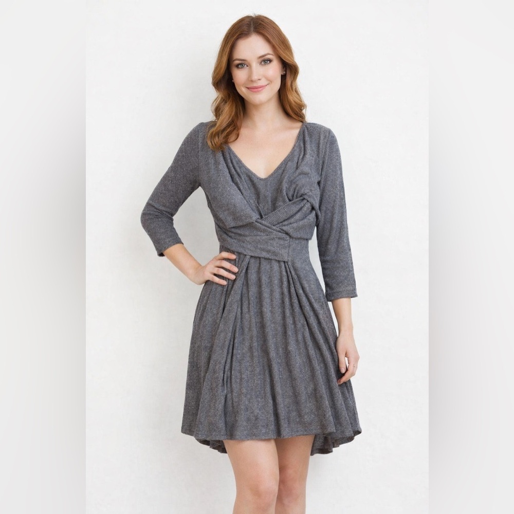 AMADI Womens Wrap Front Ribbed Knit Fit Flare Dress Charcoal Gray L NWT
